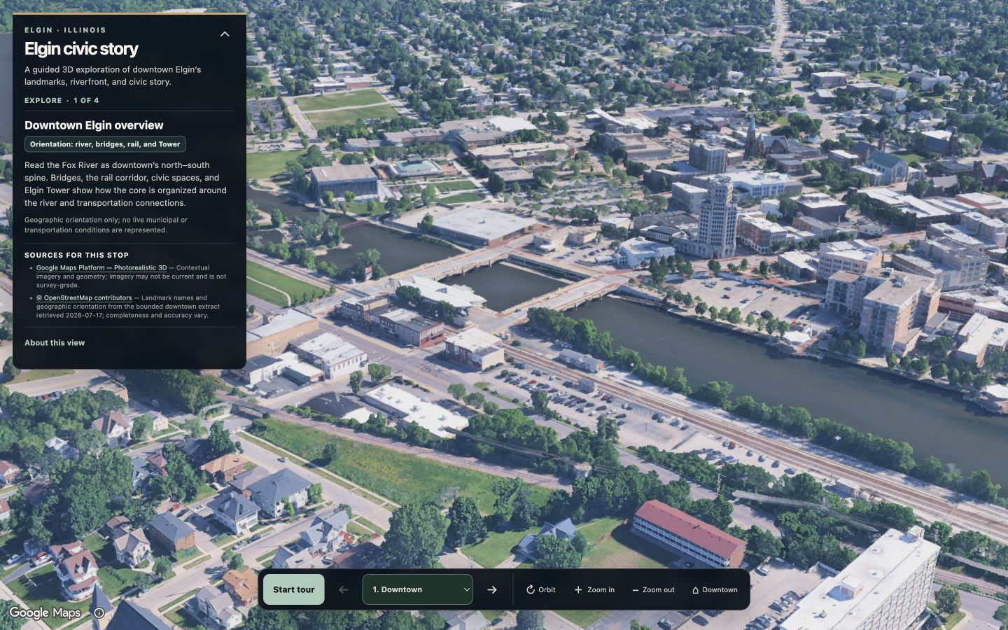 Downtown Elgin guided 3D overview with story panel, sources, controls, and visible Google Maps attribution