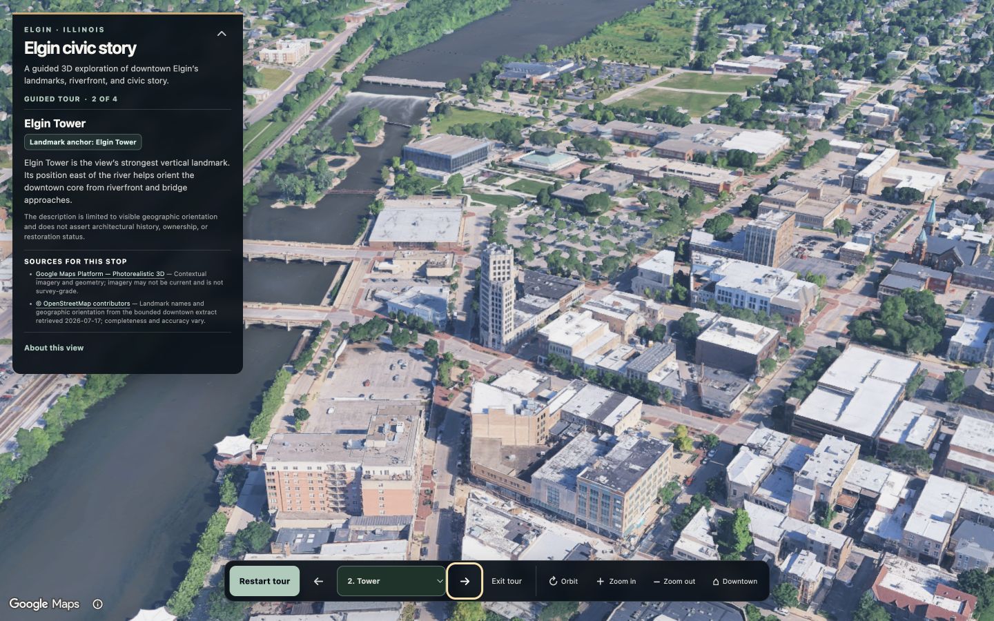 Elgin Tower guided stop in a Google Maps 3D view with source and accuracy notes