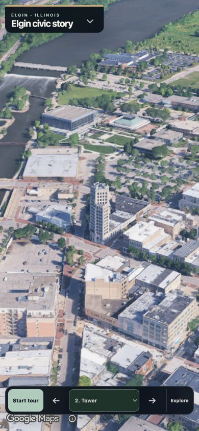 Mobile Elgin Tower guided tour view with compact controls and visible Google attribution