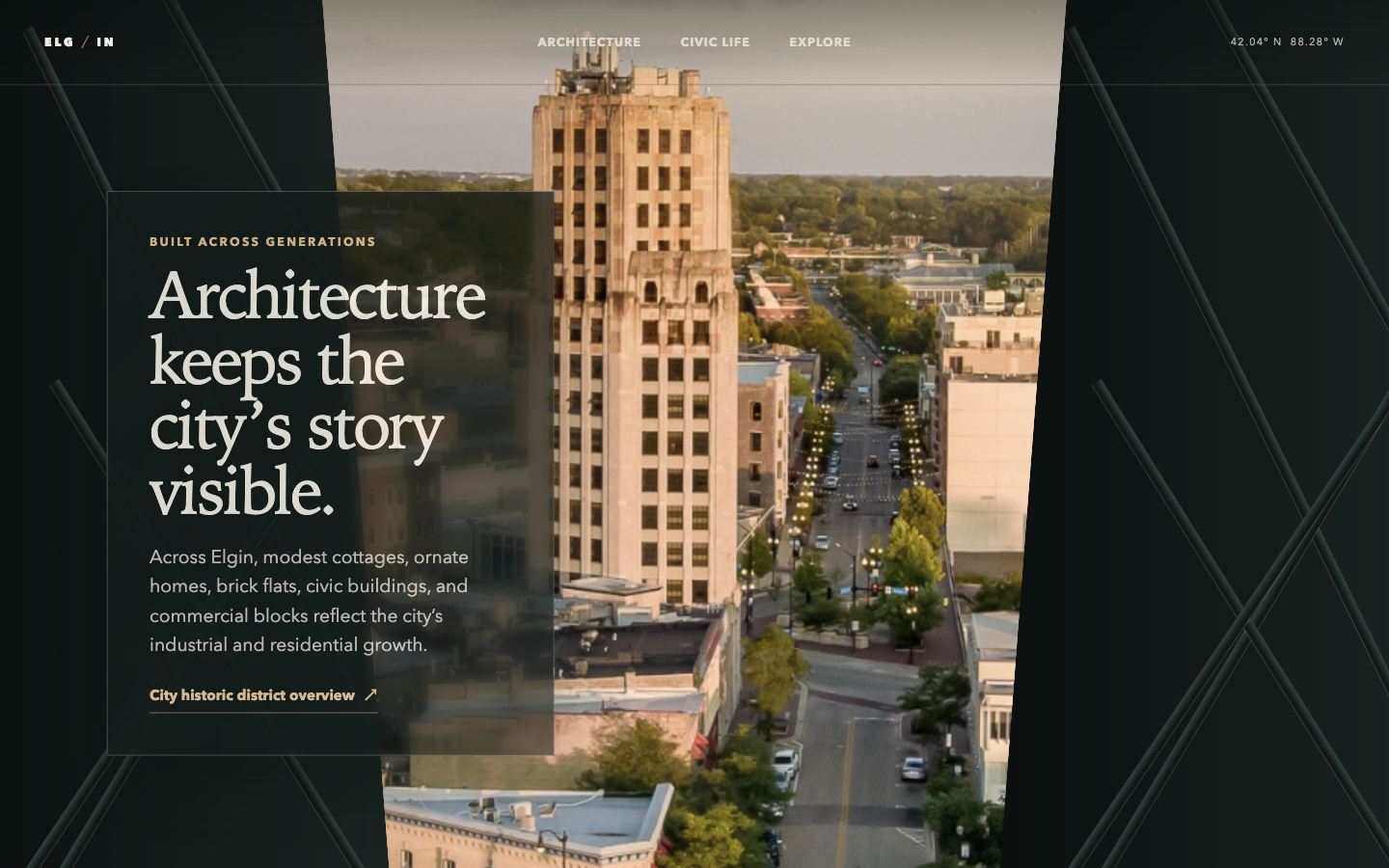 Elgin cinematic experience framing the Elgin Tower with an architecture story panel