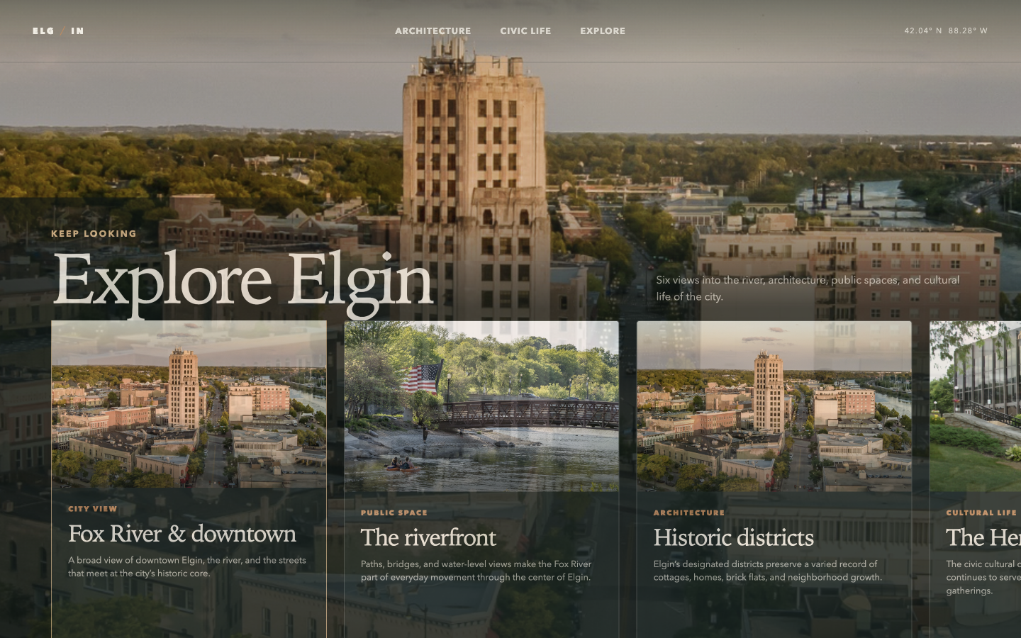 Explore Elgin feature rail with cards for the river, downtown, architecture, and cultural life