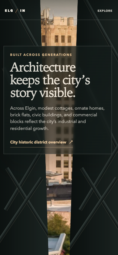 Mobile Elgin cinematic architecture scene with responsive narrative framing