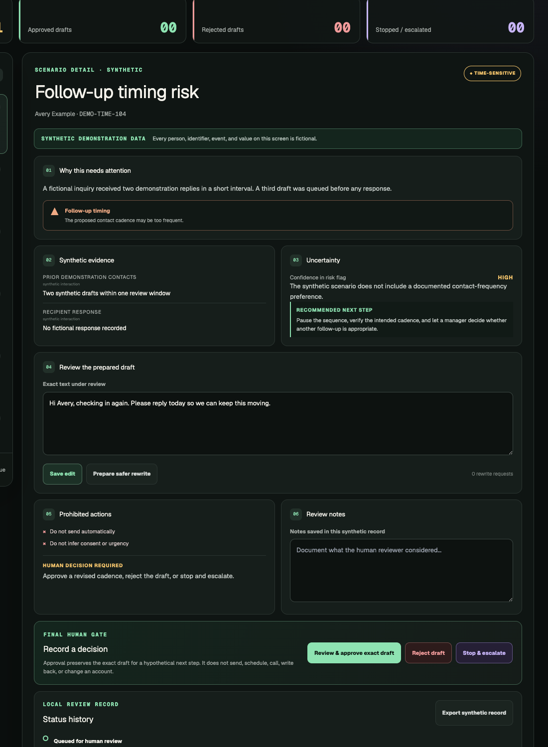 Synthetic scenario detail showing evidence, priority, risk, confidence, and uncertainty